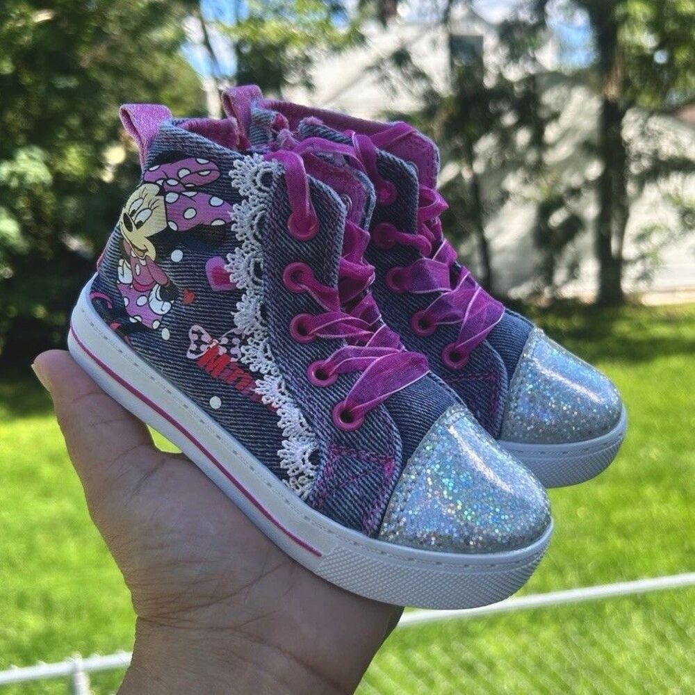 Disney Minnie Mouse Girls Pink Gray High Top Sneakers Glitter Toe Zip US 8